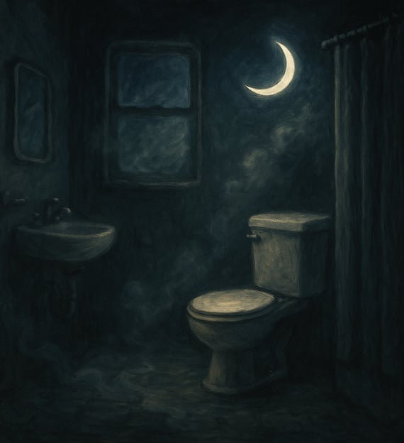 A dimly lit bathroom glows with moonlight through a window, casting shadows on foggy tiles and porce