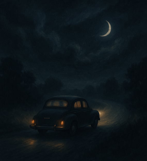 A vintage car drives down a misty road beneath a crescent moon in a surreal night sky.