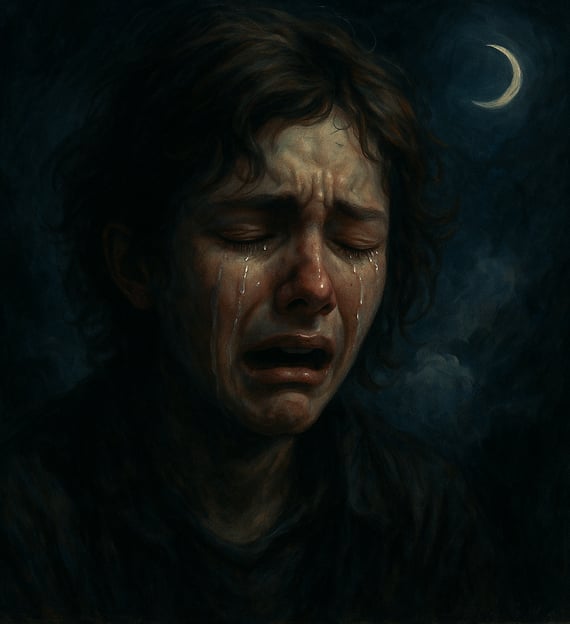A tearful figure cries beneath a crescent moon, surrounded by swirling night mist.