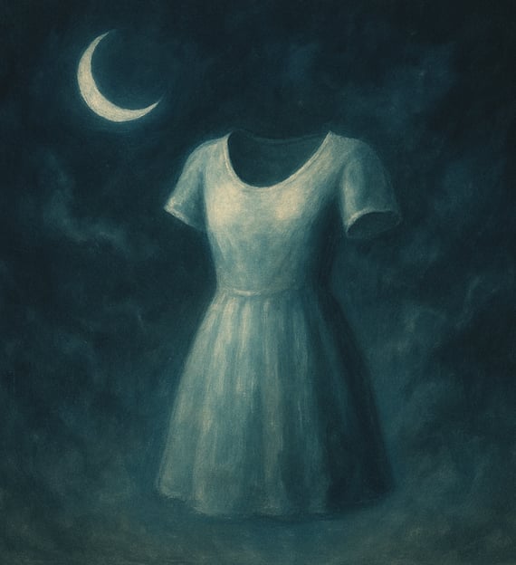 A glowing vintage dress floats in mist beneath a crescent moon in a dark dreamscape.
