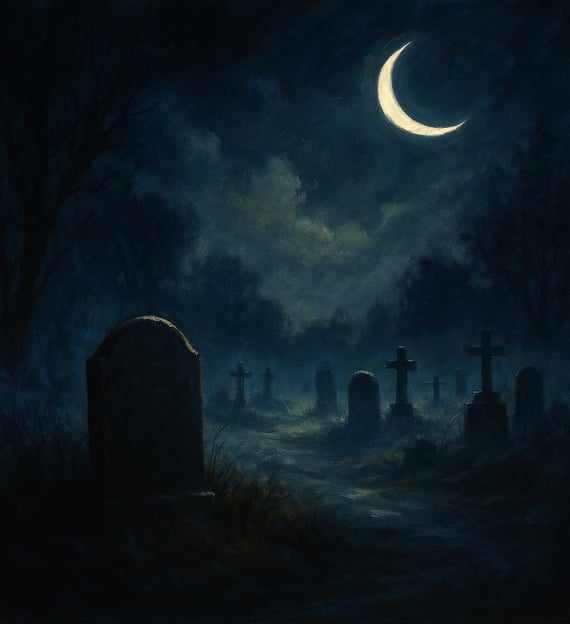 A misty cemetery glows under a crescent moon, with shadowy headstones and bare trees.
