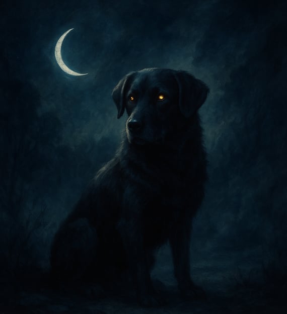 A black dog with glowing eyes sits in mist beneath a crescent moon.