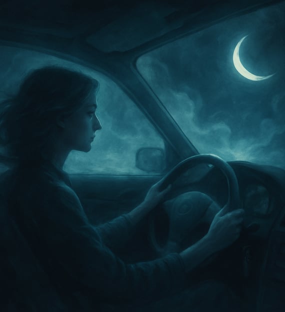 A woman drives through a moonlit mist beneath a crescent moon, her face softly lit in a dreamlike ni