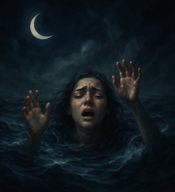 A young woman struggles in stormy water beneath a crescent moon, hands reaching upward in anguish.