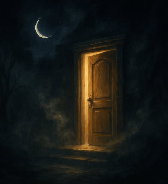A glowing wooden door stands slightly open in mist beneath a crescent moon.