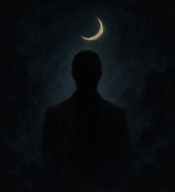 A faceless figure stands in darkness beneath a glowing crescent moon, surrounded by swirling mist.