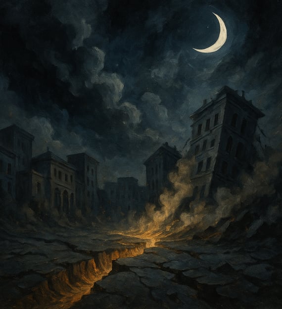 A crumbling city splits under an earthquake with fire and smoke rising beneath a crescent moon.