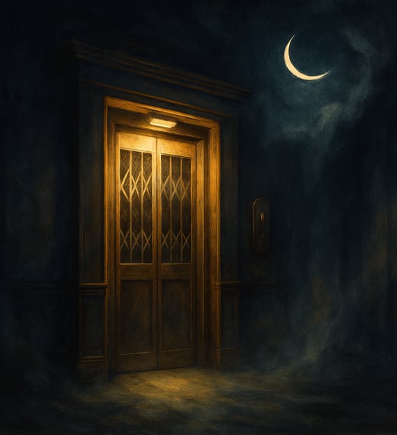 An old glowing elevator stands in mist beneath a crescent moon in a dim, dreamlike hallway.