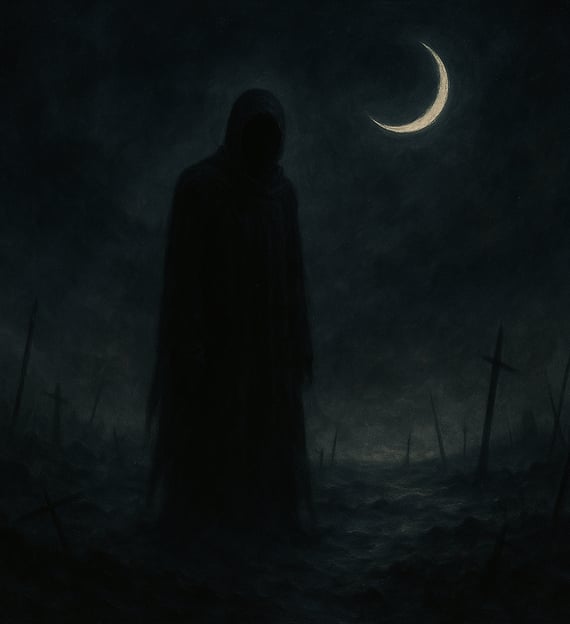 A faceless cloaked figure stands in a battlefield under a crescent moon, by broken crosses.