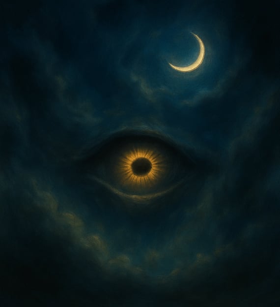 A glowing golden eye floats in a dark misty sky beneath a crescent moon.