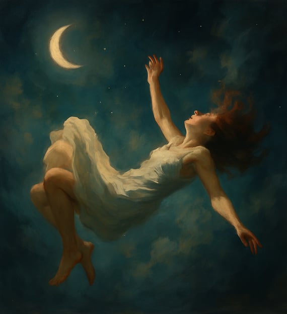 A flooded town under a crescent moon with waves crashing around dark rooftops.