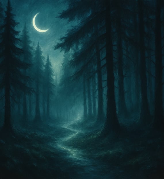 A misty forest path winds beneath a crescent moon in cool moonlight.