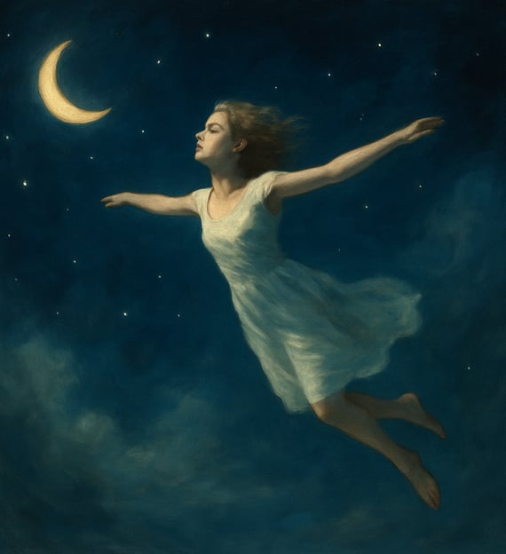 A woman floats through a starry sky in a white dress beneath a glowing crescent moon.