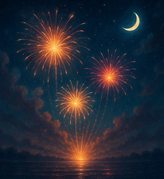 Fireworks burst over water beneath a crescent moon in a dreamy night sky.