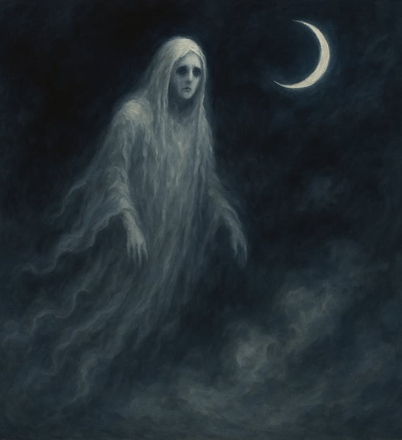 A ghostly woman in white floats beneath a crescent moon in swirling mist.
