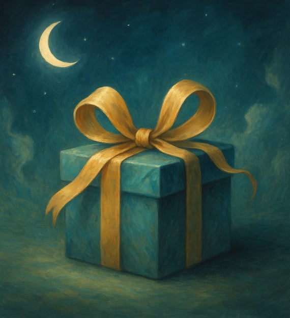A glowing gift box with a golden ribbon sits beneath a crescent moon in dreamy twilight.