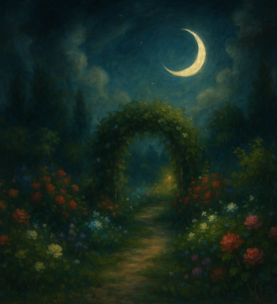 A moonlit garden path winds through flowers beneath a glowing crescent moon.