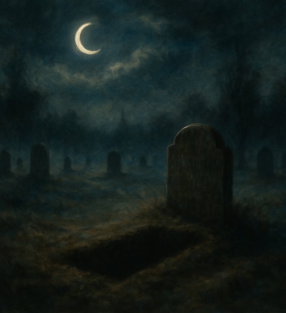 A moonlit grave stands in mist beneath a crescent moon in a quiet, shadowy cemetery.