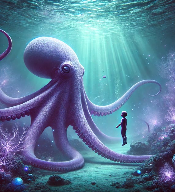 Child meets giant octopus underwater—Redurb Dream Guides explores deep dream interpretation.