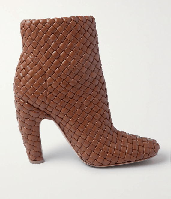 Luxury brown woven leather ankle boot with a curved heel.