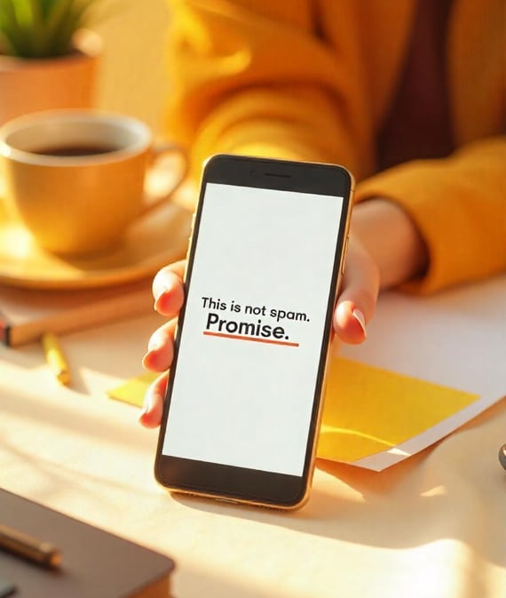 Smartphone displaying witty email marketing copy.