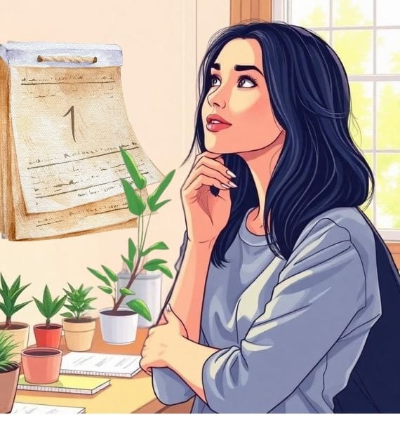 a woman sitting at a desk with a plant in front of her