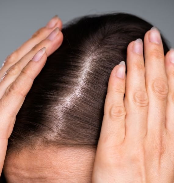 a woman with her hands on her head