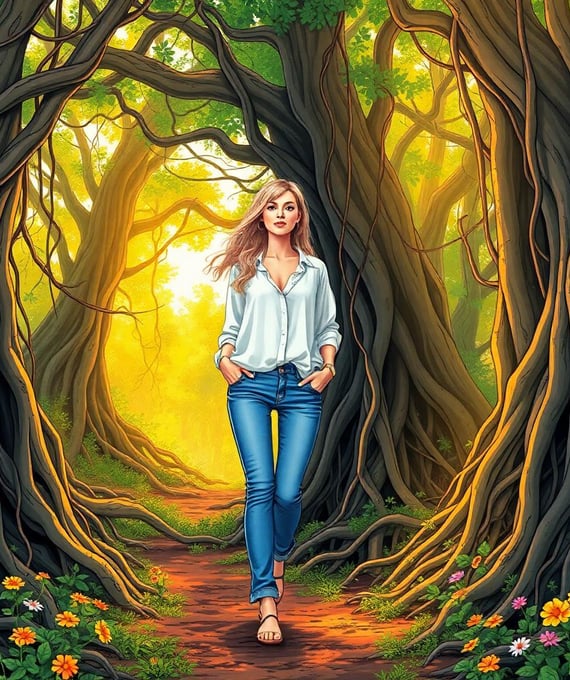 a woman walking through a forest with a path leading to a path