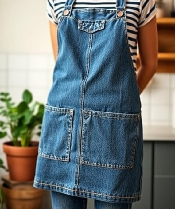 a woman in a striped shirt and jeans apron