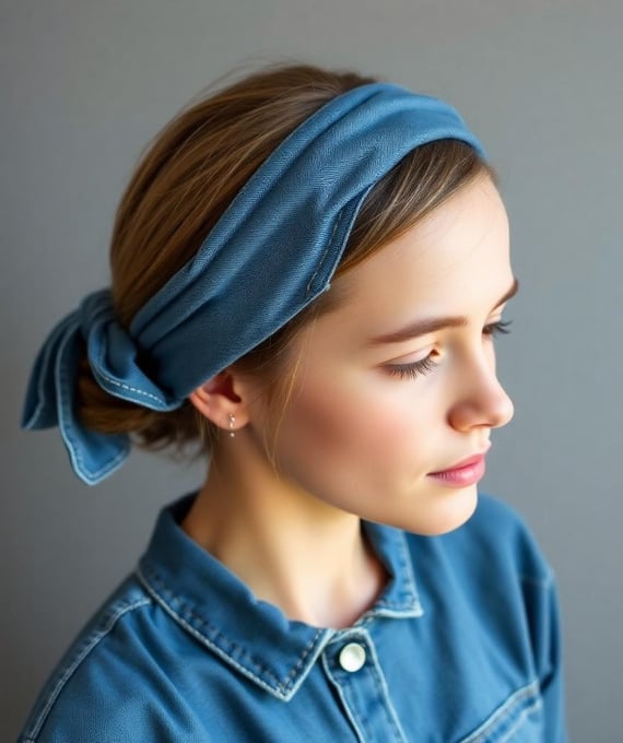 a woman wearing a blue denim headband