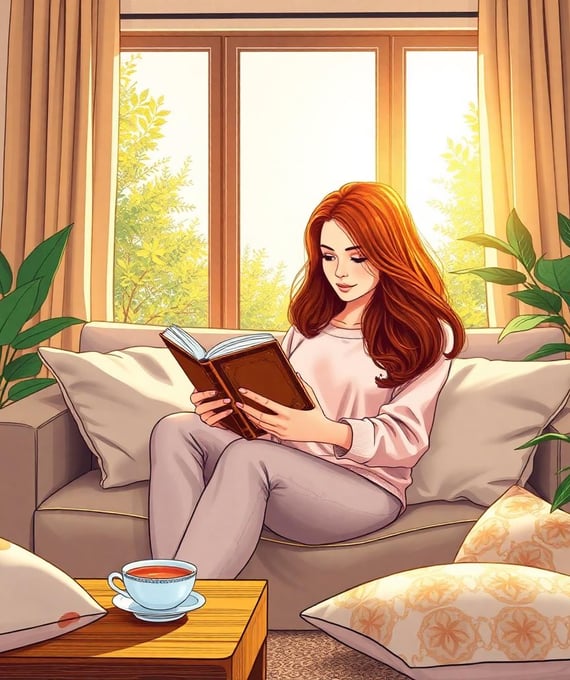 a woman reading a book on the couch