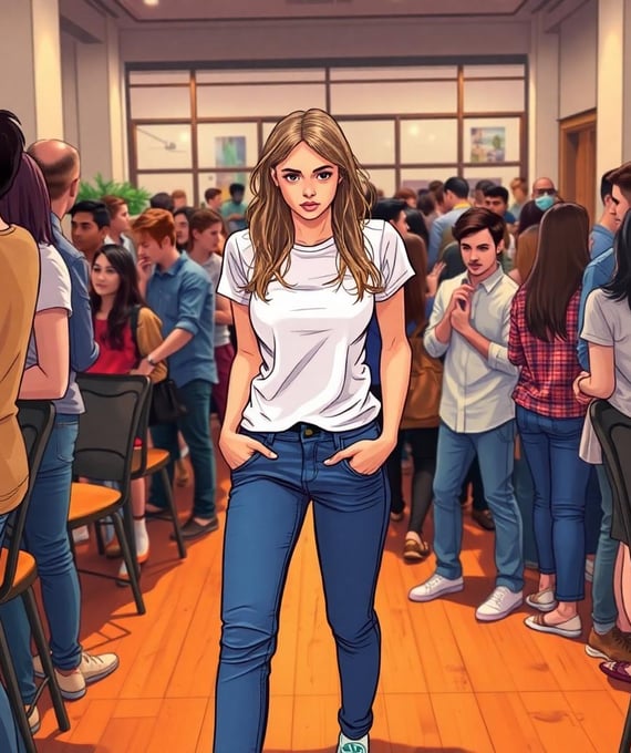 a woman standing in a room with a bunch of people
