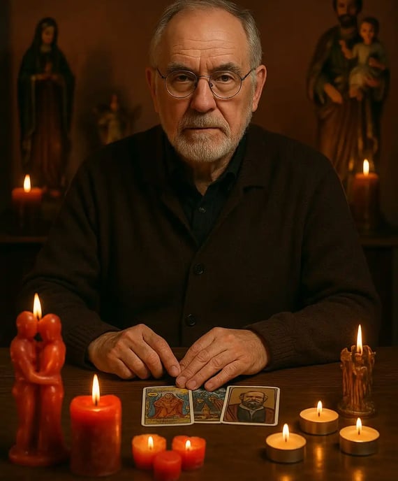 Maestro espiritual realizando una Videncia Para El Amor con velas encendidas y figuras de amarres 
