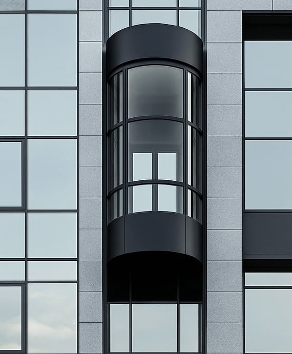 Elevador panorámico moderno en edificio corporativo. Soluciones profesionales de ENKO Elevación para