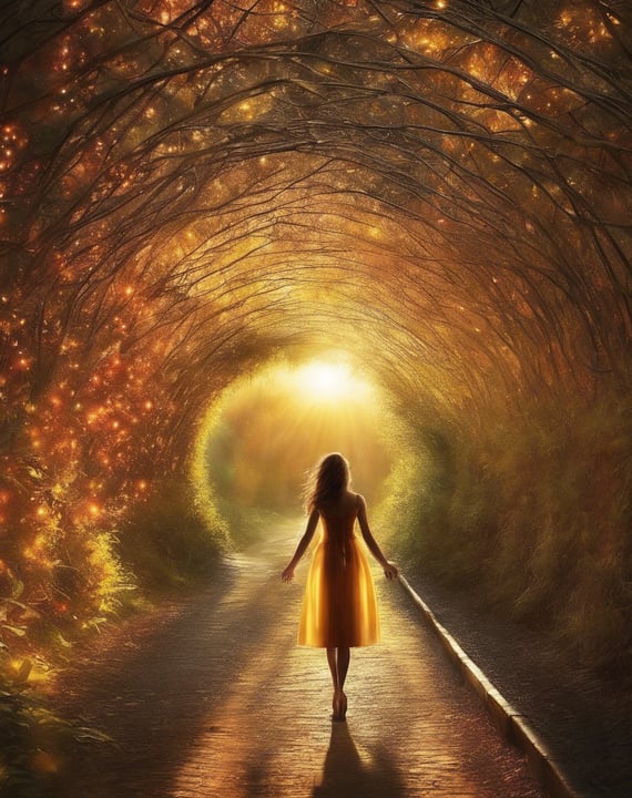 Frau die durch einen Baumtunnel geht , hinzu auf warmes Sonnenlicht