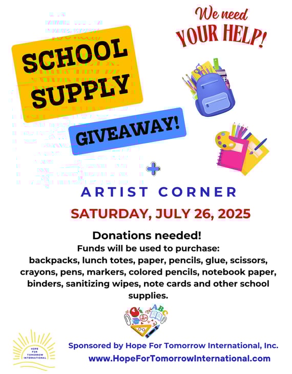 Flyer requesting donations for school supply giveaway