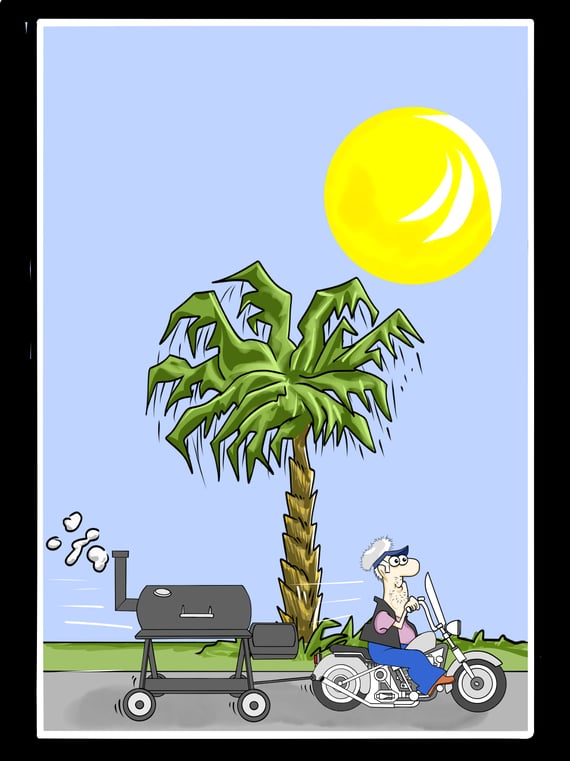 A cartoon biker pulls his smoker in Palmetto Country.
