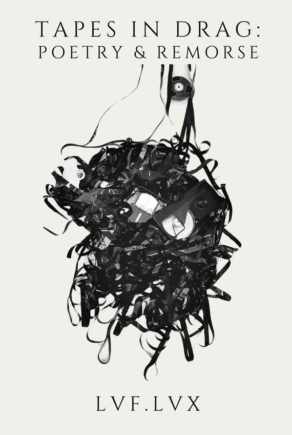 The cover of the poetry book Tapes in Drag: Poetry & Remorse by LVF.LVX. The cover has unwound tapes