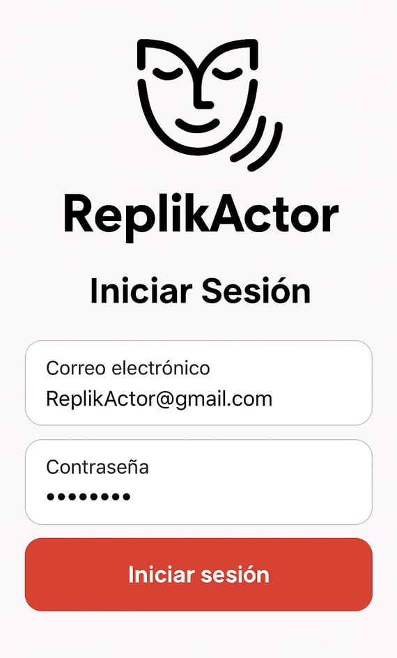 un captura de pantalla de como es la interfaz de ususario de ReplikActor en inicio de sesión