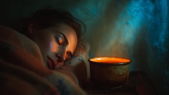 Mulher dormindo em uma cama, xicara de chá em uma mesa de cabeceira ao lado