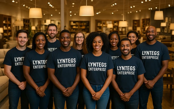 a group of people standing in front of a couch