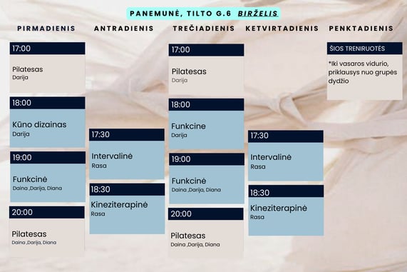 Grupinių treniruočių tvarkaraštis Panemunėjė, Tilto g.6