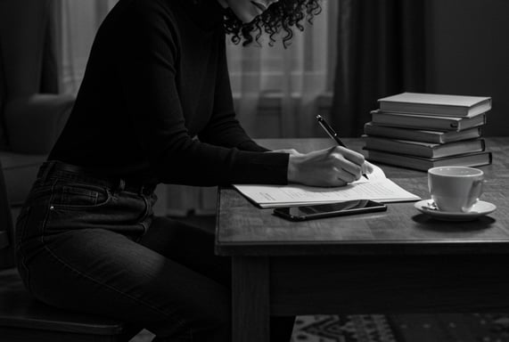 female business coach making notes in her home for her online coaching course