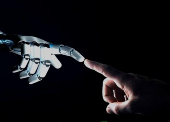 one human head touching one robotic hand