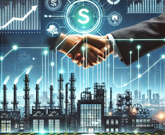Business handshake over a digital city and AI interface representing AI transformation in industrial