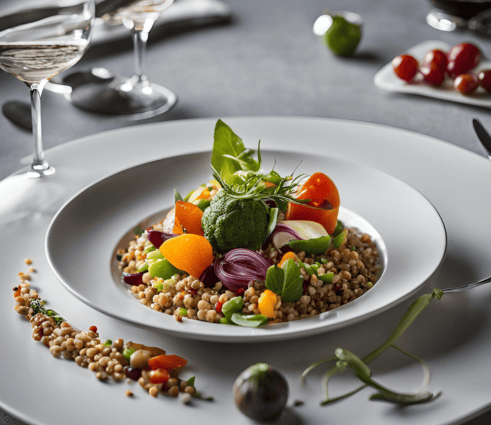 a plate of food with a glass of wine and a glass of wine
