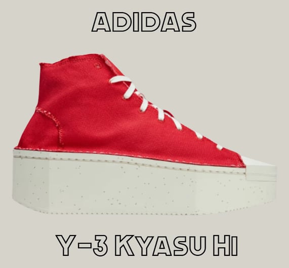 a pair of red sneakers with the words  adidas Y-3 - Kyasu Hi
