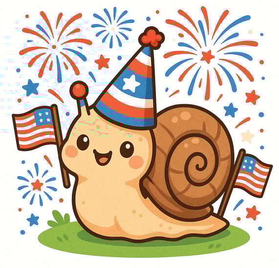 A festive banner with fireworks, American flags, and a cute Cornu aspersum snail wearing a little re