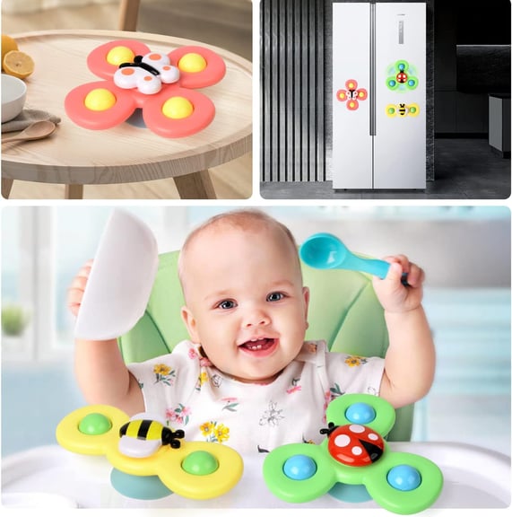 A toddler in a high chair with a bowl and spoon, playing with colorful suction cup spinner toys on t