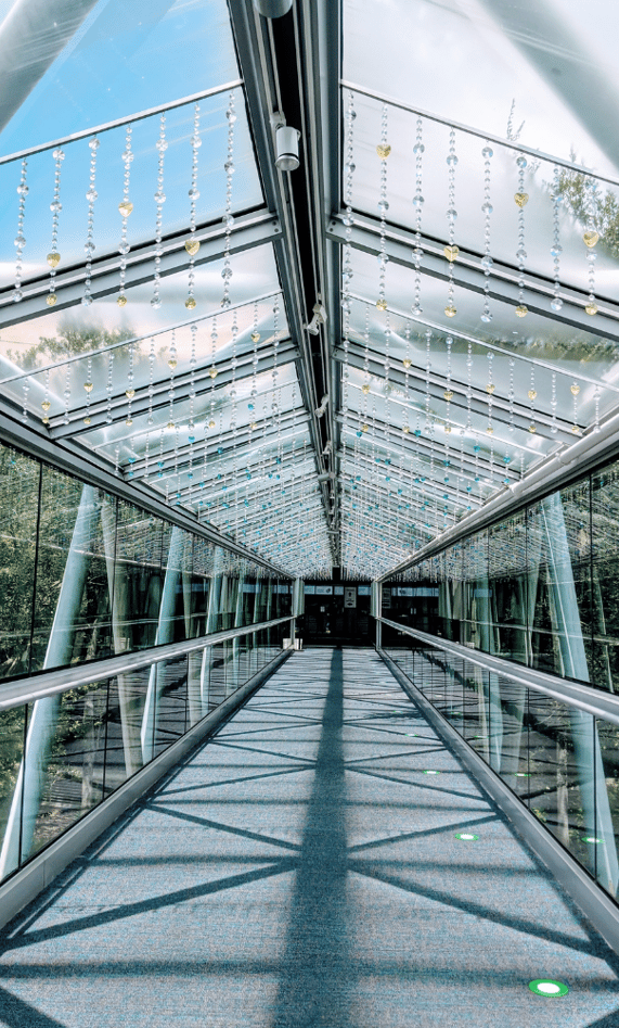 a walkway with a glass walkway and a skylight